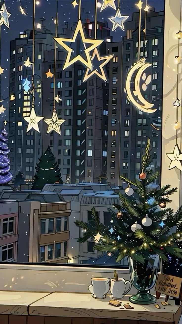 a christmas tree sitting on top of a window sill in front of a city