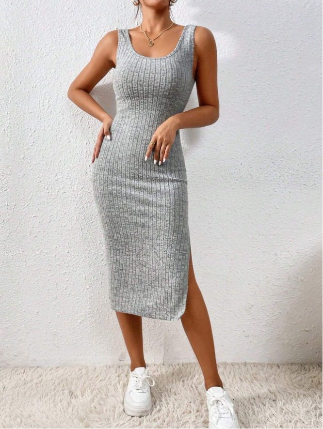 F00263670-205 Casual Bodycon V-neck Dress, Fitted Sundress With Side Slits, Stretch Sundress Midi Dress, Stretch Midi Length Sundress, Stretch Sundress In Midi Length, Casual Gray Stretch Maxi Dress, Gray Casual Mini Dress, Fitted Gray Casual Maxi Dress, Casual Bodycon Knee-length Midi Dress