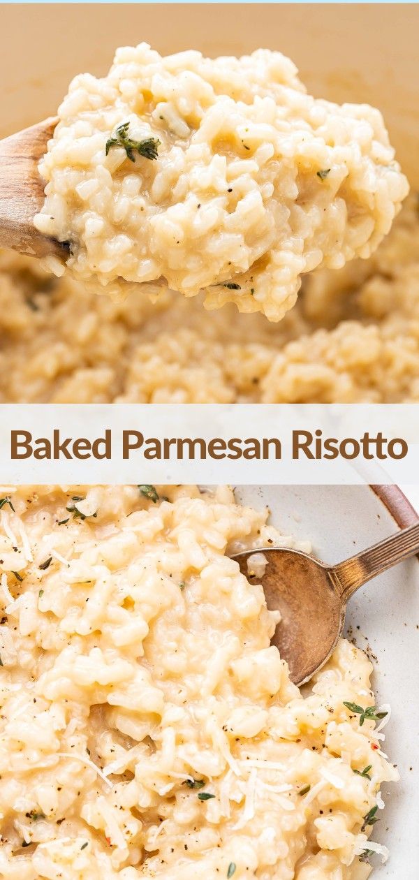 baked parmesan risotto in a white bowl with a wooden spoon