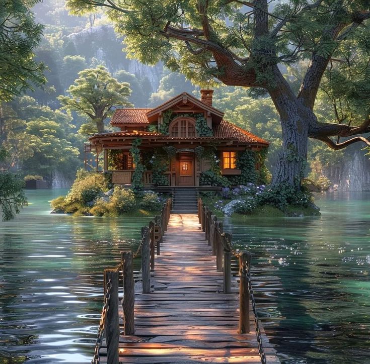 a painting of a house on a dock in the middle of a lake surrounded by trees