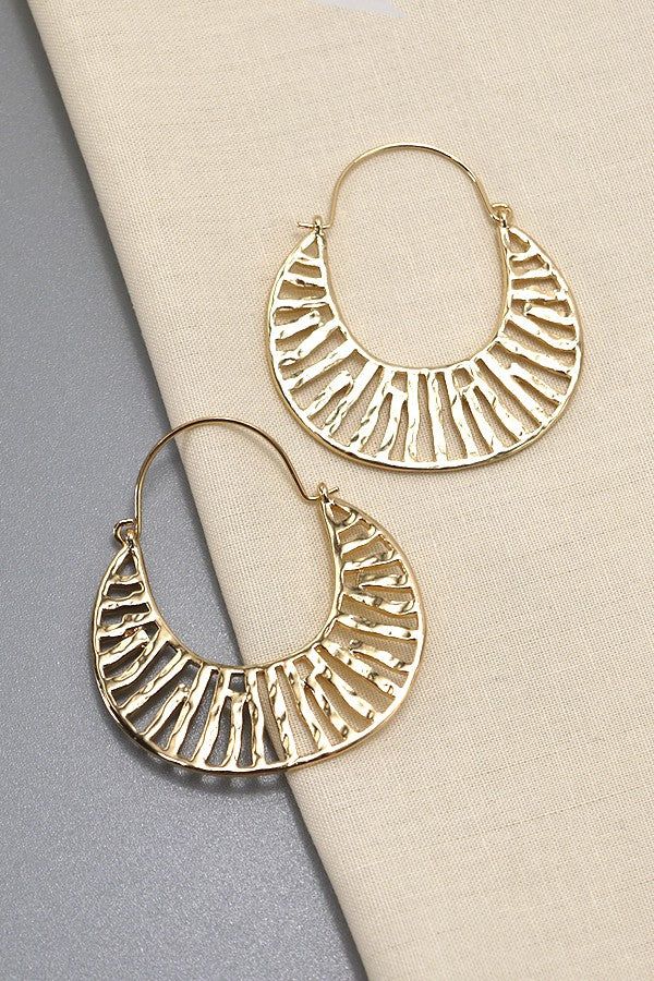 Anchor your wardrobe with this stylish modern crescent drop earrings. These polished hoop earrings are crafted in luxe and beautifully handmade and will go great with summer puff dress or jeans. DIMENSION length: 2"width: 1.75" earring back: hingedmetal finish: Gold Platingproduct: Lead & Nickel Compliantanti-tarnish: Double E-coating Elegant Brass Hoop Earrings For Summer, Chic Metal Hoop Earrings For Summer, Chic Dangle Hoop Earrings For Summer, Modern Metal Hoop Earrings For Summer, Chic Summer Dangle Hoop Earrings, Trendy Gold Hoop Earrings For Summer, Nickel-free Gold Hoop Earrings For Summer, Gold Nickel-free Hoop Earrings For Summer, Bohemian Gold Hoop Earrings For Spring