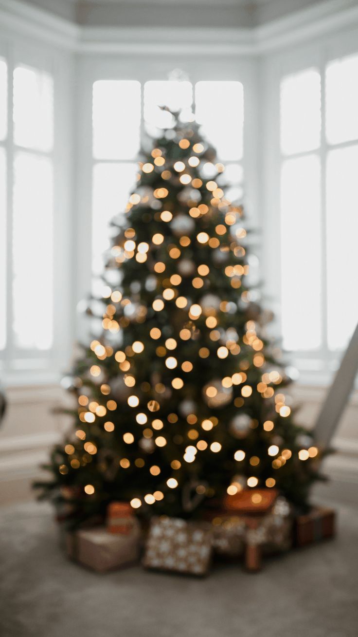 a christmas tree with presents under it in a room