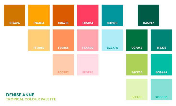 the color chart for deneseanne's tropical colour palette, which includes different