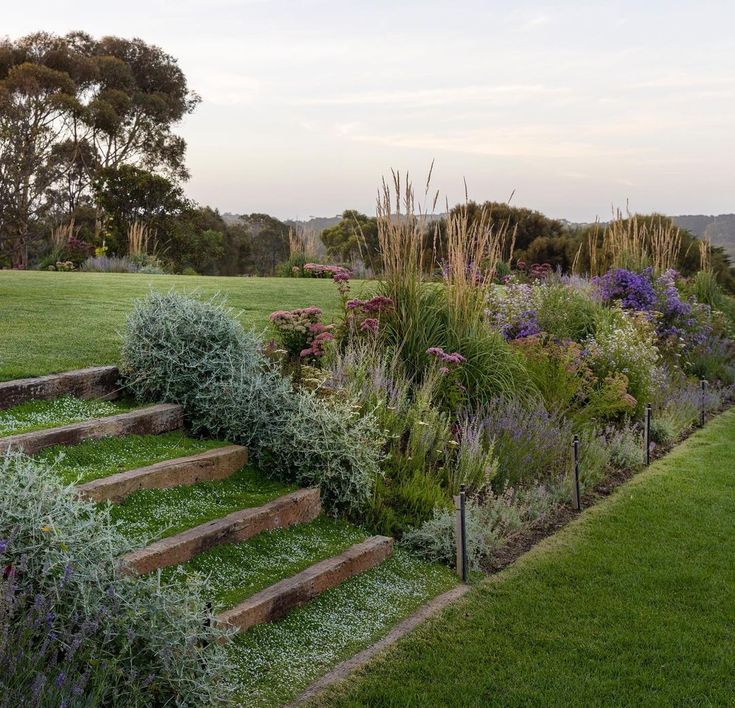 an outdoor garden with steps leading up to it