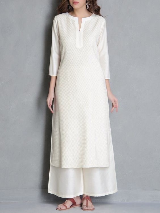 Buy Cream Pintuck Detailed Katan Silk Kurta Apparel Tunics & Kurtas Pretty Please! Palazzos Pants Online at Jaypore.com: Kurta Style, Kurta Neck Design, Salwar Kamiz, Cotton Kurti Designs, Silk Kurta, Kurti Neck Designs, Kurta Designs Women, Katan Silk, Dress Indian Style