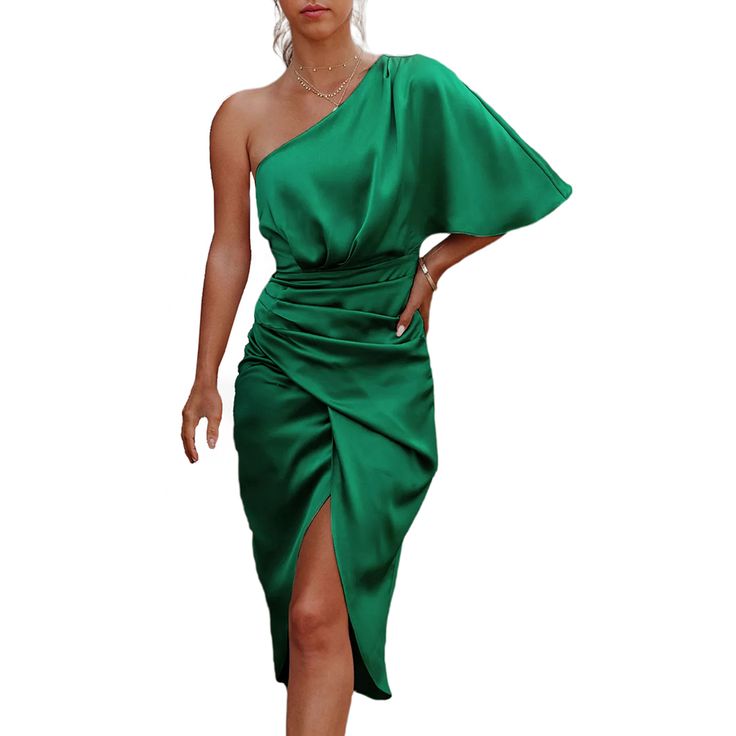 Green One Shoulder Pleated Irregular Party Dress Summer Party Satin One Shoulder Dress, Party Satin Midi Dress With Asymmetrical Hem, Satin Midi Dress With Asymmetrical Hem For Party, Green Knee-length Asymmetrical Party Dress, Summer Party Asymmetrical Draped Dress, Summer Party Draped Asymmetrical Dress, Spring One Shoulder Midi Dress For Dinner, Ruched Asymmetrical Spring Party Dress, Ruched Asymmetrical Dress For Spring Party