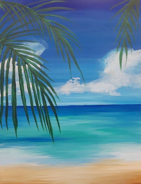 a painting of palm trees on the beach with blue water and clouds in the background