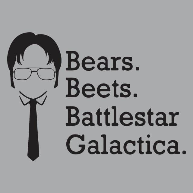 the words bears beets battlestar galactic are in black and white on a gray background