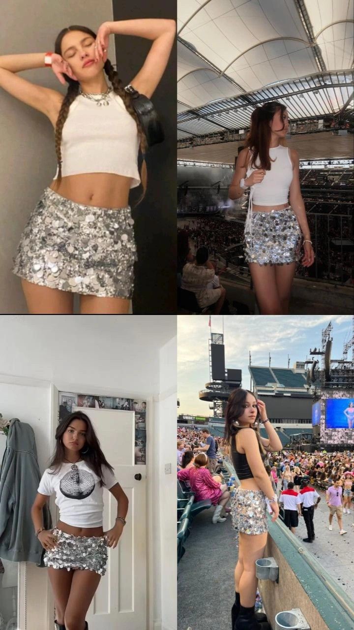 Sparkly Skirt Concert Outfit, Concert Fits Olivia Rodrigo, Eras Tour Outfits Sequin Skirt, Drivers Era Concert Outfit, Eras Tour Outfit Ideas Mirrorball, Swift Concert Outfit Ideas, Ts Concert Outfit, The Driver Era Concert Outfit Ideas, Metallic Concert Outfit