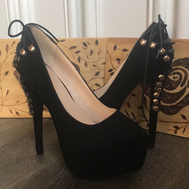 Nwot, Black Corset Style Tied Heels, Never Worn, Very High Heels, Faux Suede, A Statement Piece! Dream Shoes Tie Heels, Very High Heels, Black Corset, Corset Style, Dream Shoes, Faux Suede, Shoes Women Heels, Shoes Heels, High Heels