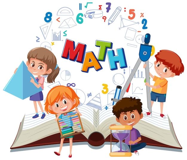 an open book with the word math in front of it and children standing around it