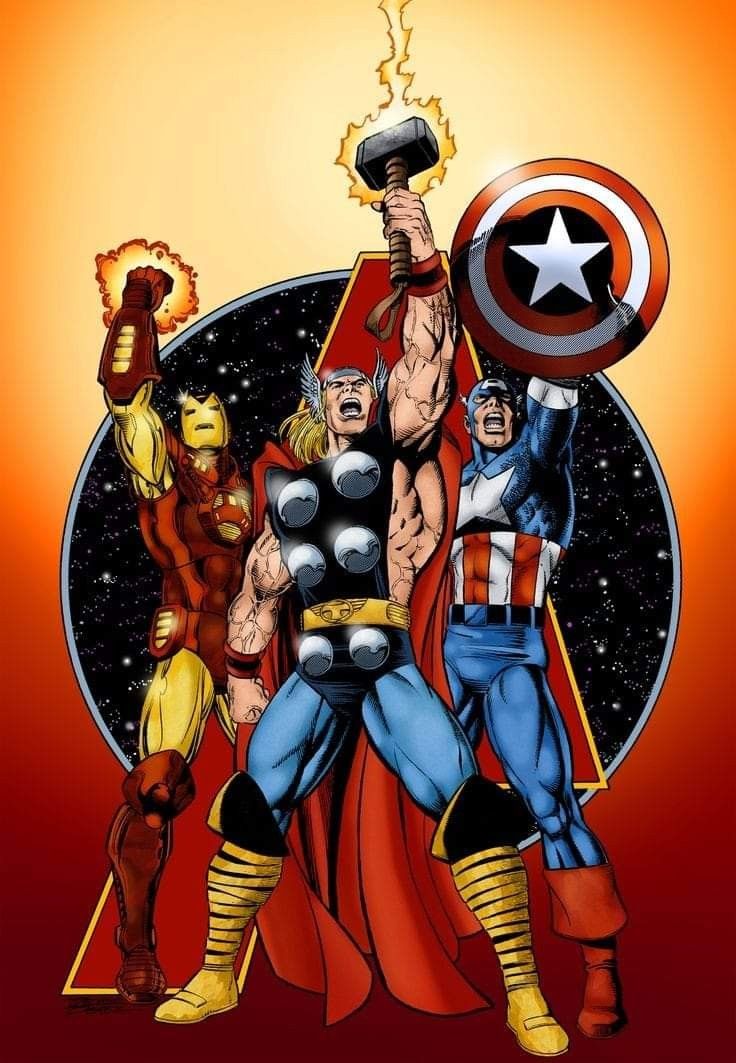 the avengers team up with captain america and iron man in front of an orange background