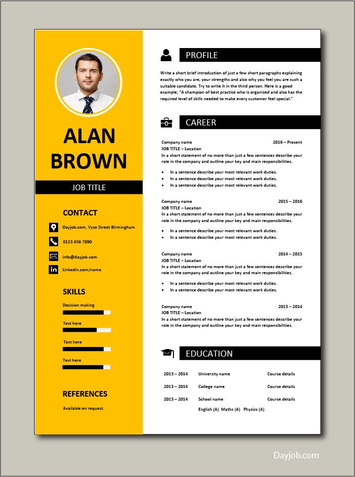 a yellow and black resume template with an image of a man's face on it