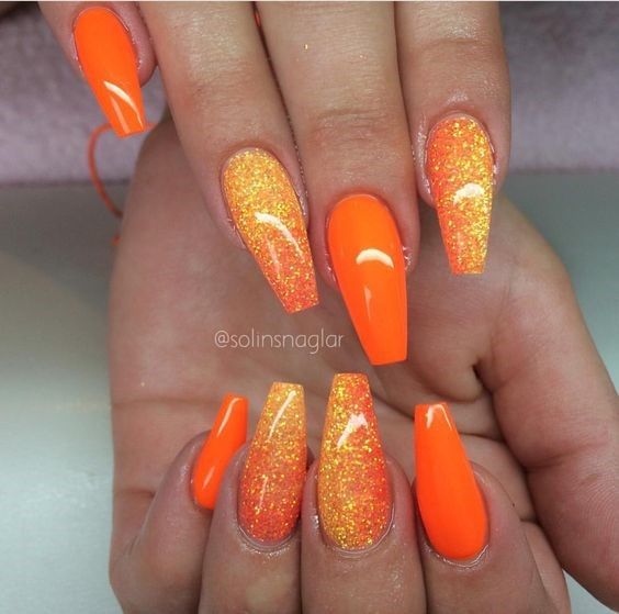 Fin Fun Blog | More from the mermaid experts at Fin Fun Mermaid! Tropical Colored Nails, 3 Color Nails Design, Neon Red Nails Art Designs, Glam Summer Nails, Orange Acrylic Nails Coffin, Trendy Orange Nails, Tropical Summer Nails, Orange Acrylic Nails, Nails Orange