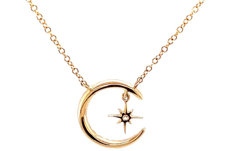 "PRODUCT DESCRIPTION: - 14k Gold Crescent Moon Diamond Pendant Charm Necklace With Hanging Diamond Starburst / 14k Dainty Diamond Crescent Moon & Star Necklace - 14k Gold Diamond Crescent Moon & Star Necklace, Star Moon Diamond Necklace, Moon Pendant, Diamond Star, Celestial Jewelry - 14k Mini Crescent Moon With Dangling Star Chain Necklace / Necklace For Her / 14k Necklace Gift for Her / 14k Crescent Moon Necklace * Gold Purity: 14k * Gold Weight: 2.14 Grams * Diamond Quantity: 22 Stone Elegant Star-shaped Sun And Moon Necklace, Star-shaped Celestial Jewelry For Formal Events, Celestial Star-shaped Jewelry For Formal Occasions, Celestial Star Jewelry For Formal Occasions, Celestial Yellow Gold Jewelry With Star Charm, Celestial Star Jewelry For Anniversary, Celestial Star-shaped Jewelry For Anniversary, Formal Yellow Gold Starburst Jewelry, 14k Gold Starburst Celestial Jewelry