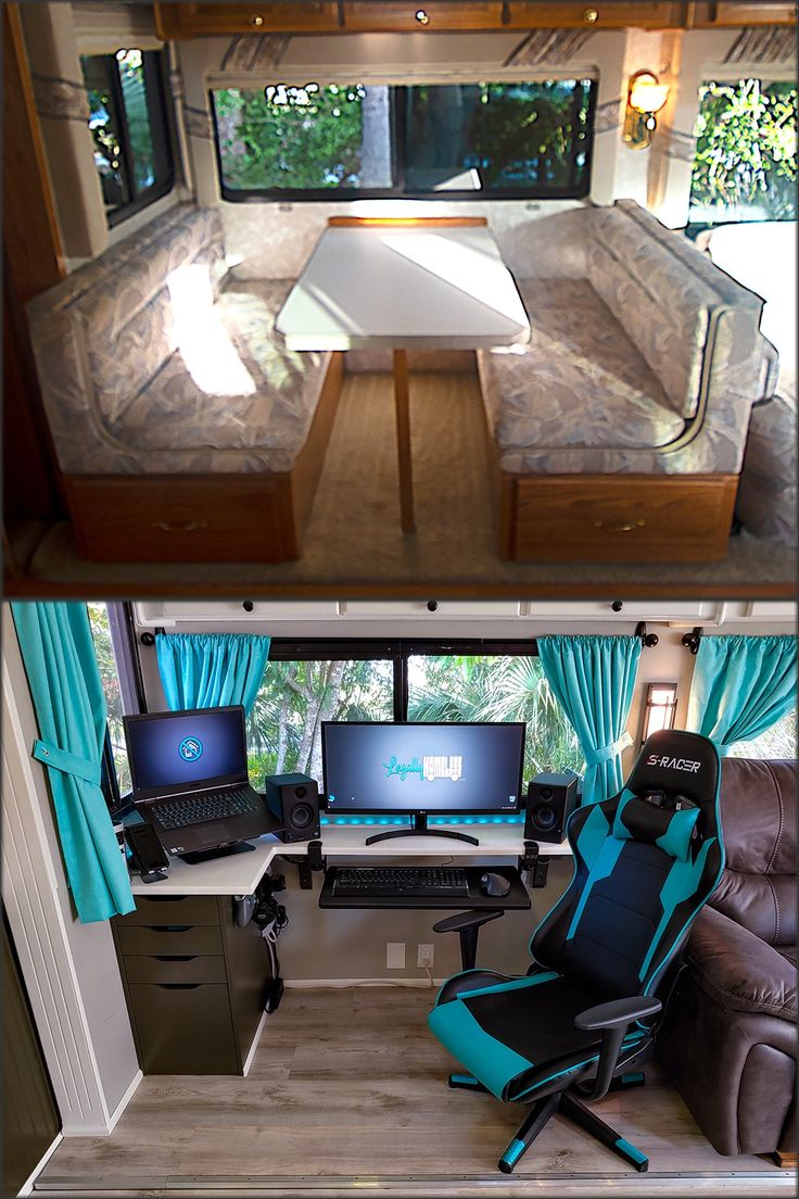 there are two pictures of the inside of a camper that has been converted into a home office