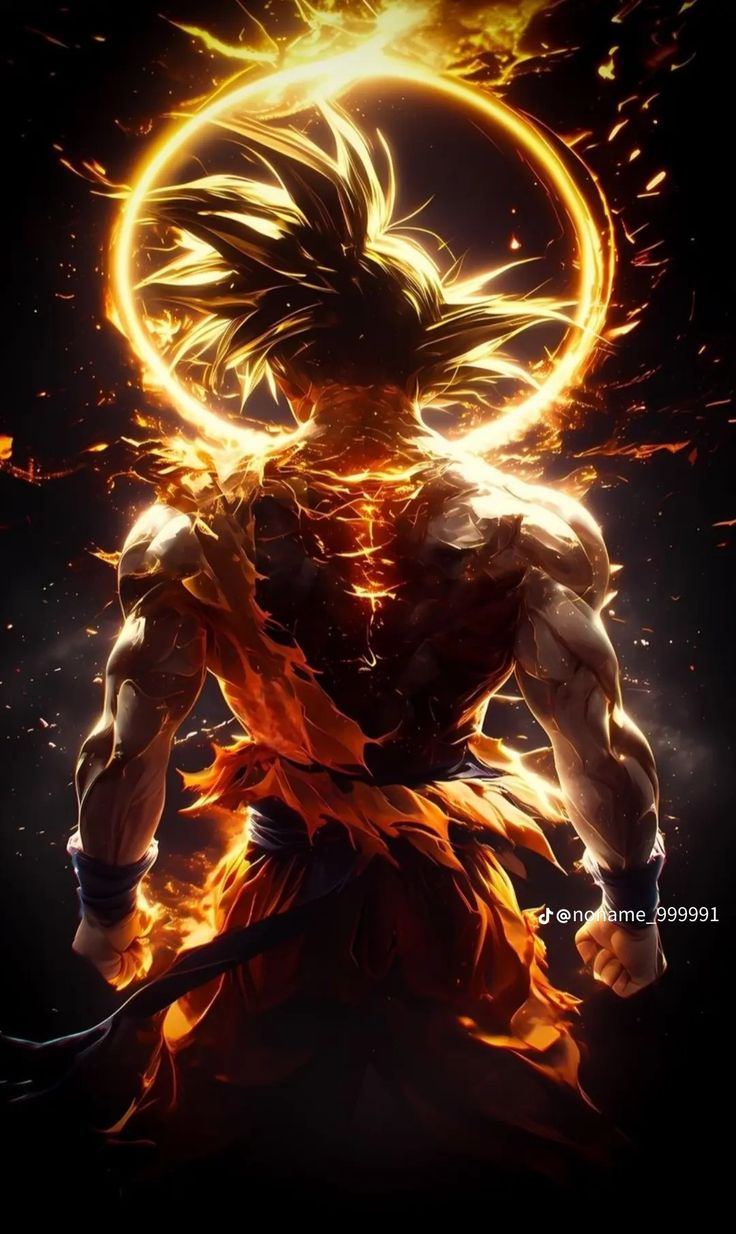 the character gohan from dragon ball is shown in this image with flames around him