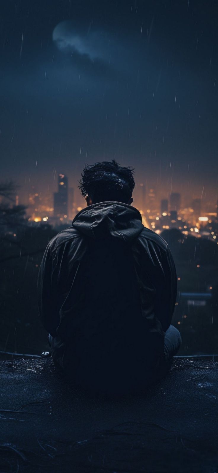 a man sitting on top of a roof looking out at the city in the rain