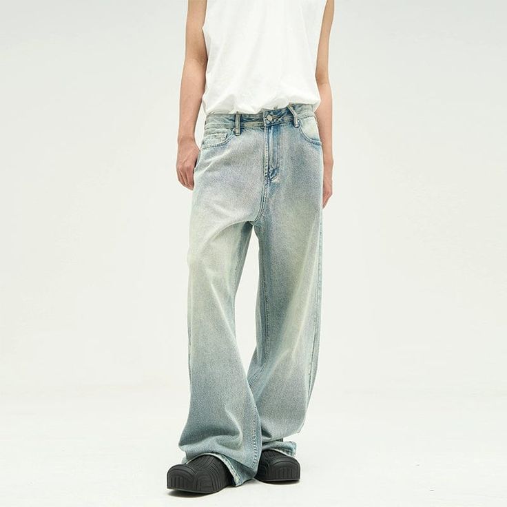 Model is 5ft 10''(178cm) tall, 145 lbs(66kg) weight and wearing a size L168cm 59kg wearing a size M - WHITE BLUE- Denim- Wide straight fit Light Blue Wide Leg Jeans, Light Jeans Outfit, Blue Wide Leg Jeans, Workwear Brands, Hip Hop Pants, Spring Outfits Men, Jeans Models, Light Jeans, Oversize Casual