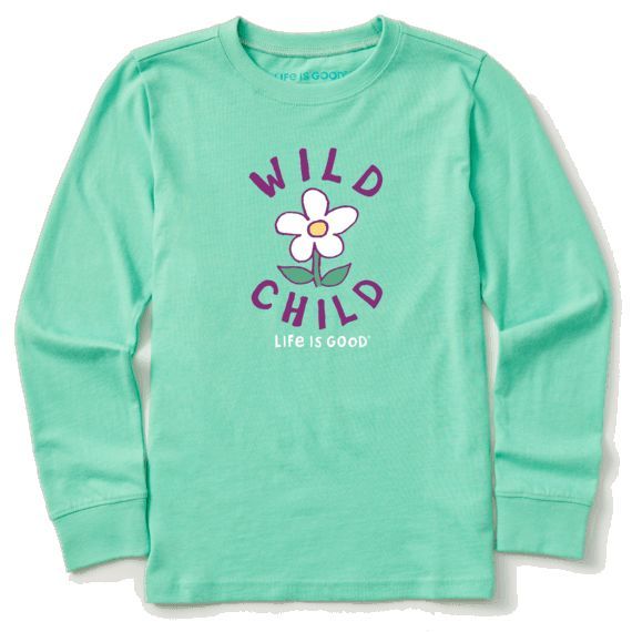 Kids Long Sleeve Wild Child Flower Tee ShirtDetails:Life is Good style# 71634 Cute Long Sleeve T-shirt For Spring, Trendy Long Sleeve Green T-shirt, Trendy Green Long Sleeve T-shirt, Green Long Sleeve Tops With Floral Print, Green Long Sleeve Shirt With Graphic Print, Green Floral Print Crew Neck Top, Green Crew Neck Top With Floral Print, Trendy Green Floral Print Shirt, Spring Long Sleeve Printed T-shirt