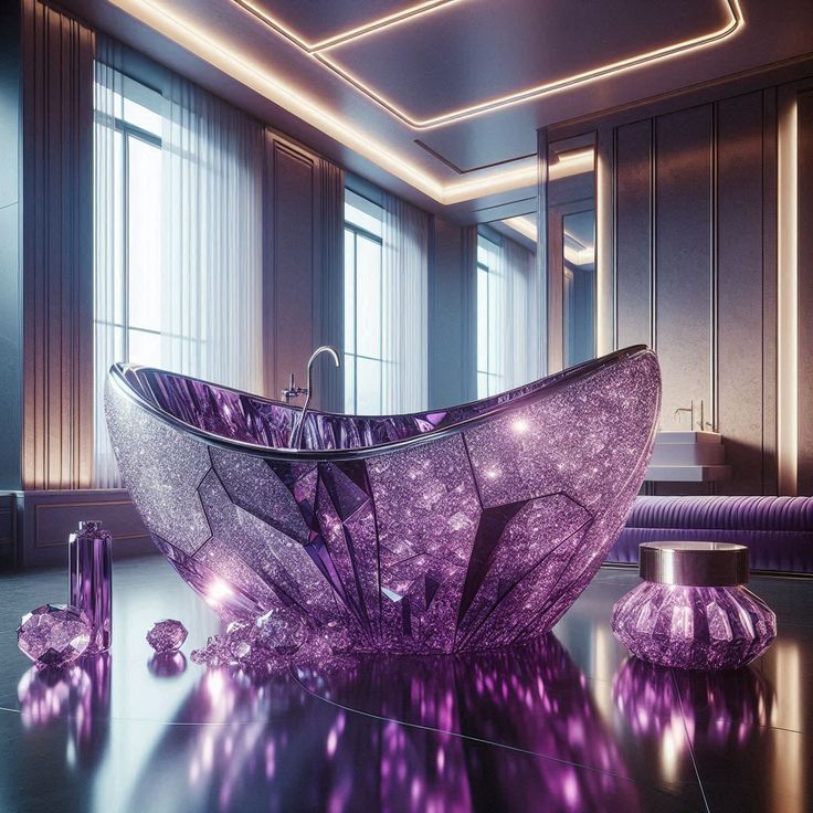 a purple bathtub sitting on top of a black table