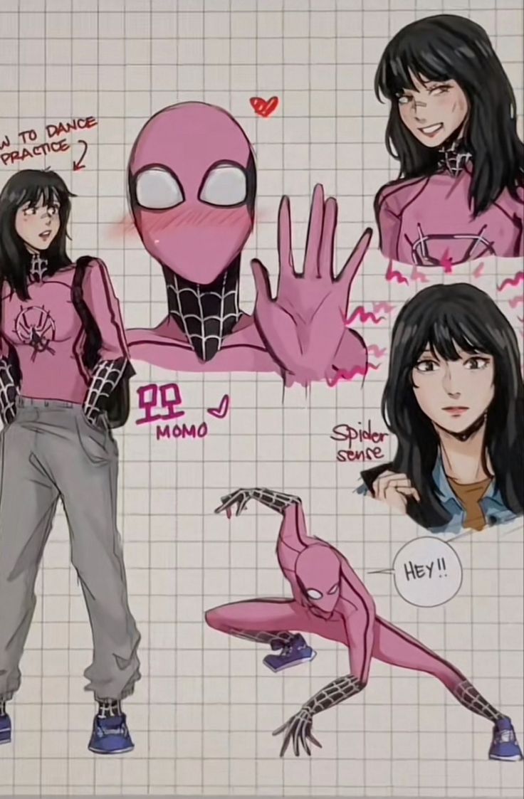 an image of spider - man and woman in pink outfits with their hands up to the side