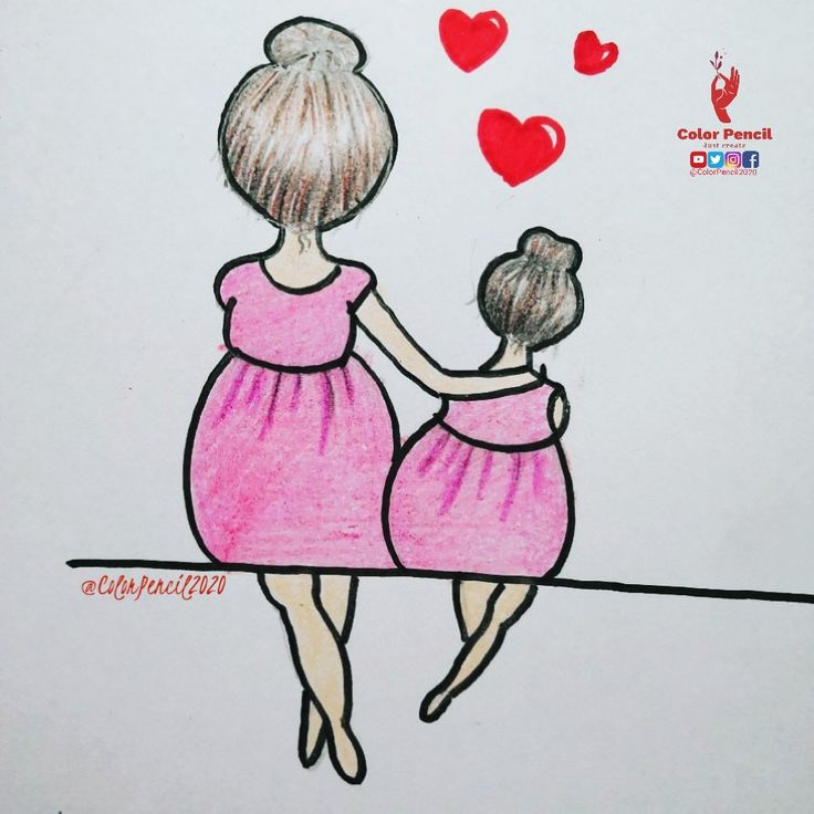 a drawing of two women holding hands with hearts floating above them