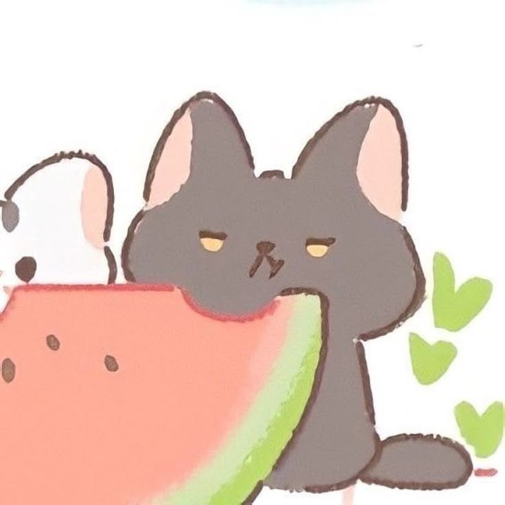 a cat and dog hugging each other with watermelon