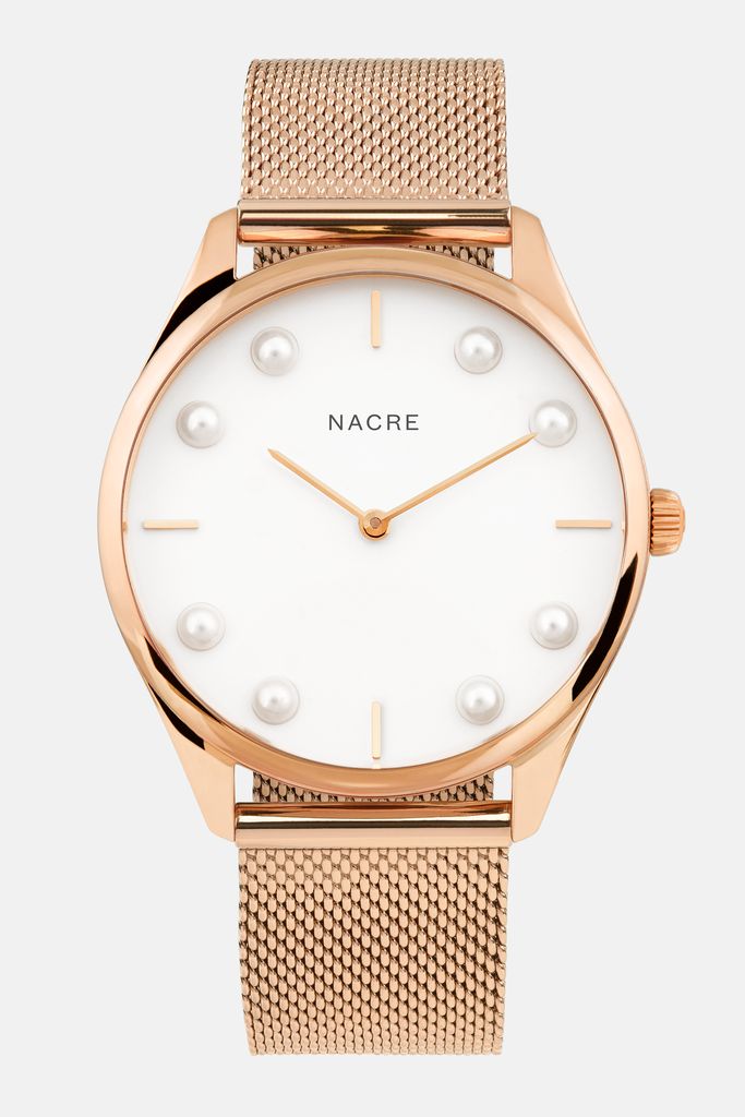 Lune 8 - Rose Gold and White - Rose Gold Mesh                      – Nacre Lunar Phases, Minimalist Watch, Saddle Leather, Stainless Steel Mesh, Telling Time, Steel Mesh, Navy Leather, White Rose Gold, Matte Gold