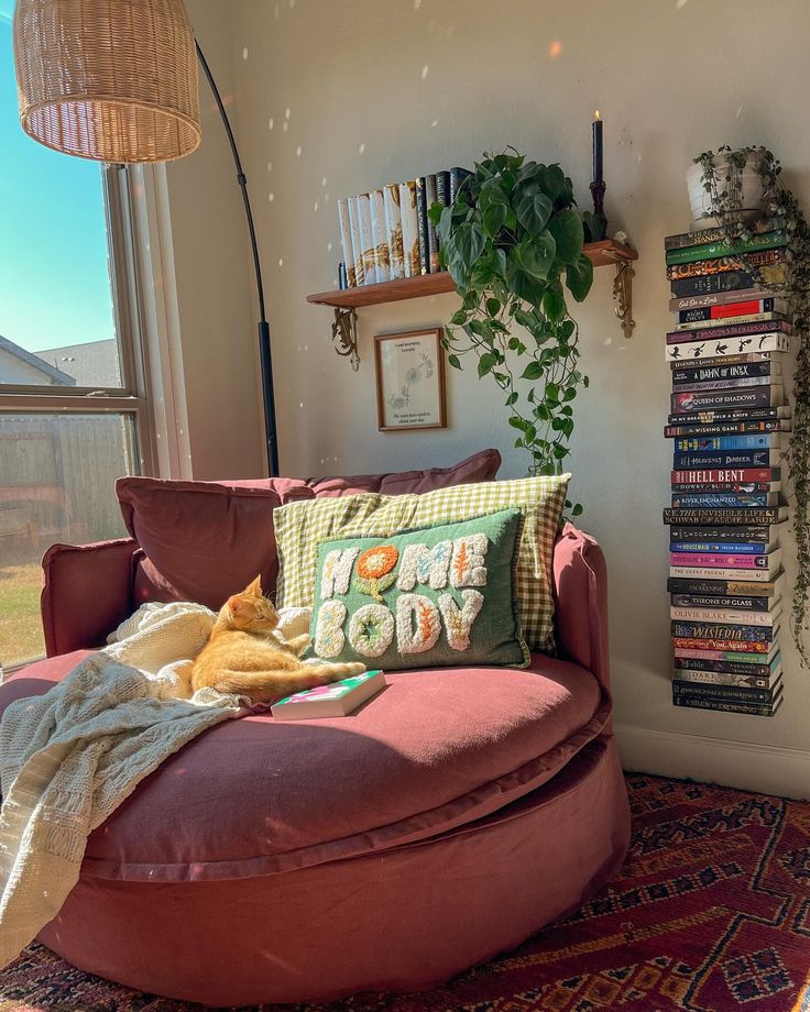 a cat laying on top of a pink chair next to a window