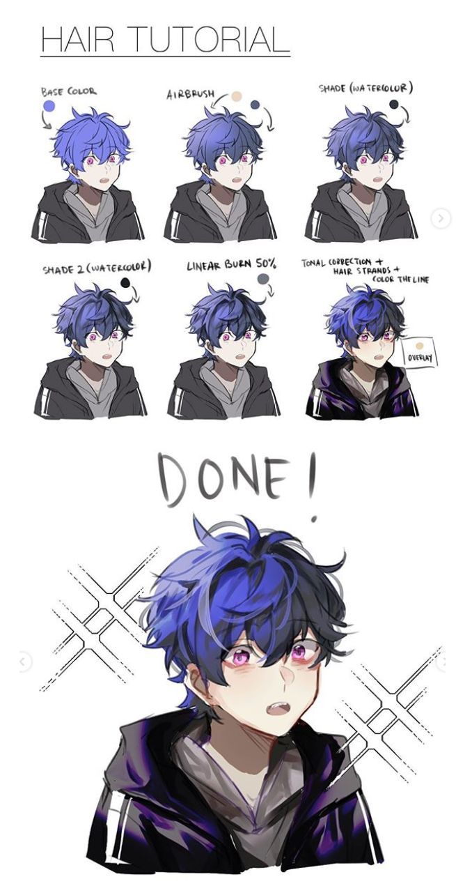 an anime character with blue hair and different expressions