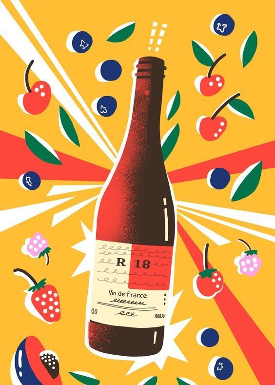 a bottle of wine surrounded by cherries and berries on a yellow background with red stripes