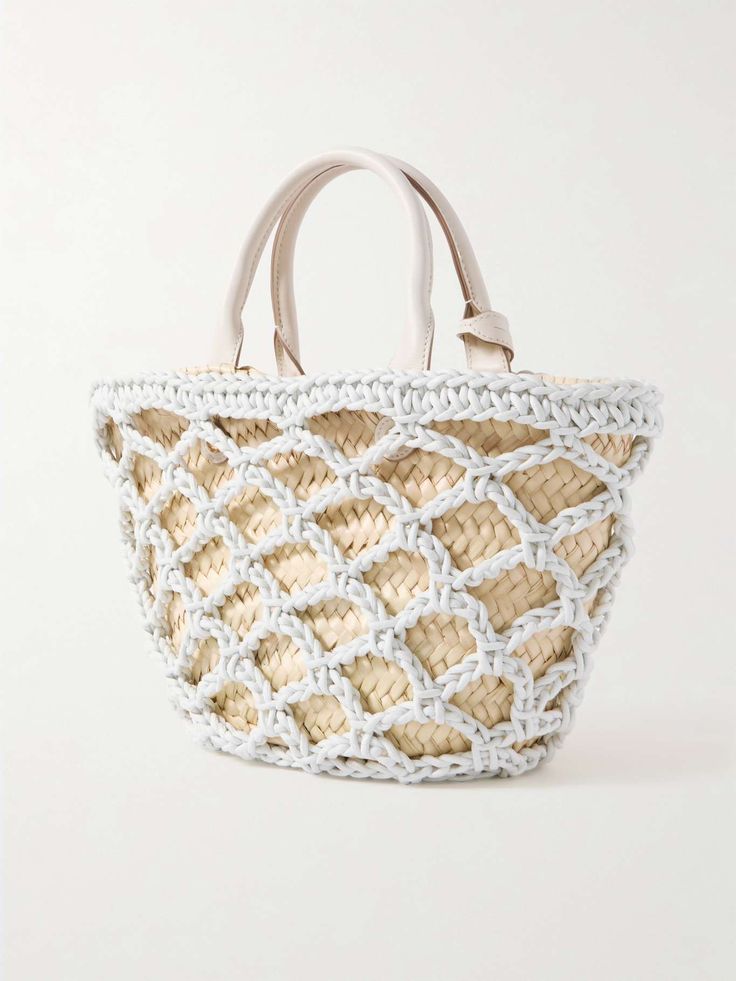 White Woven leather and raffia tote | TOD'S | NET-A-PORTER Luxury Leather Basket Bucket Bag, Designer White Straw Bag For Everyday Use, Luxury Woven Leather Basket Bag, White Woven Leather Straw Bag For Shopping, Luxury White Straw Bag For Daily Use, Luxury White Bucket-shaped Bag, White Straw Basket Bag With Leather Handles, White Basket Straw Bag With Leather Handles, Luxury White Bucket Bag With Leather Handles