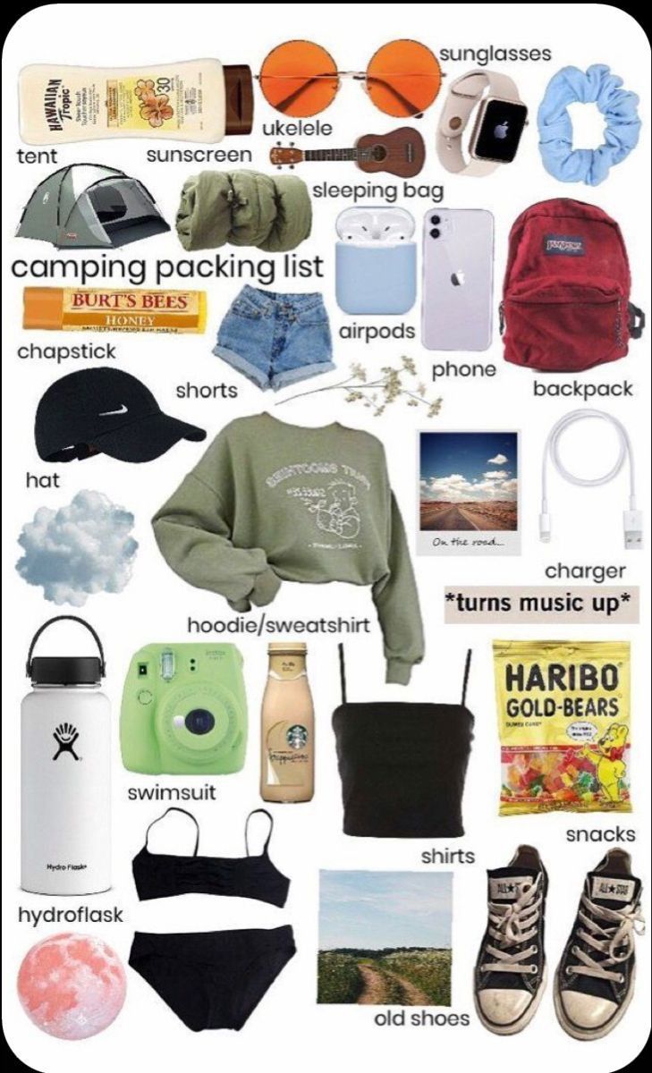 a poster with various items that include clothing, hats and backpacks on it's side