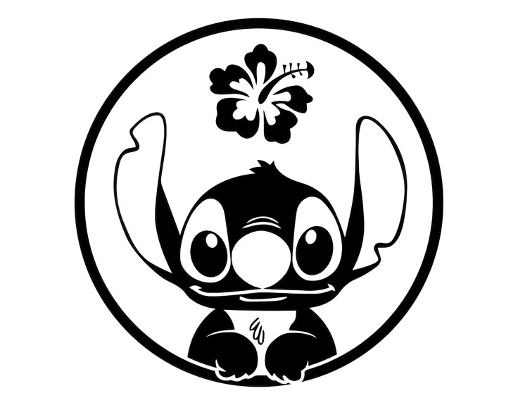 a black and white image of an elephant with a flower on its head in a circle