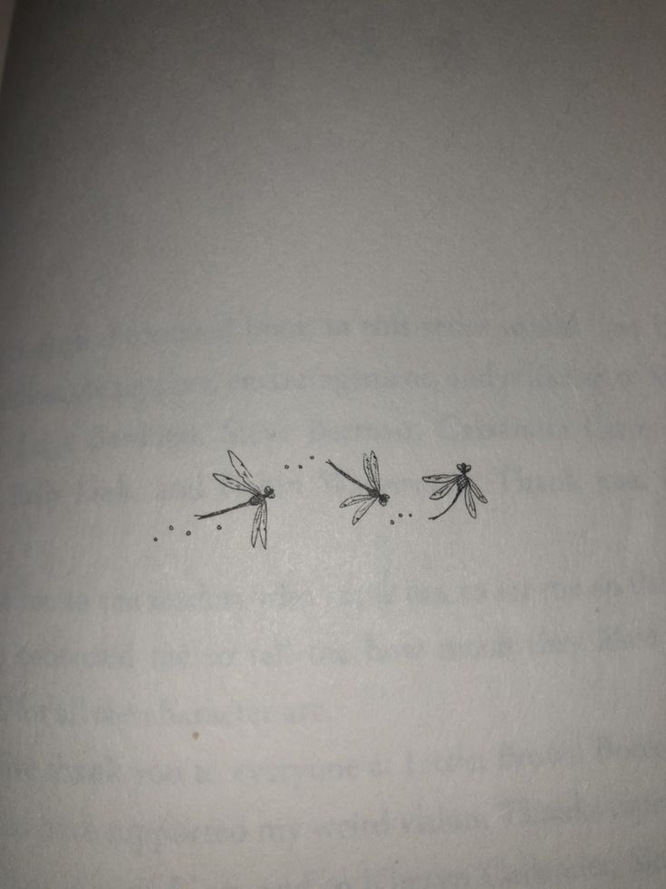 three dragonflies flying in opposite directions on a page with black ink and white paper