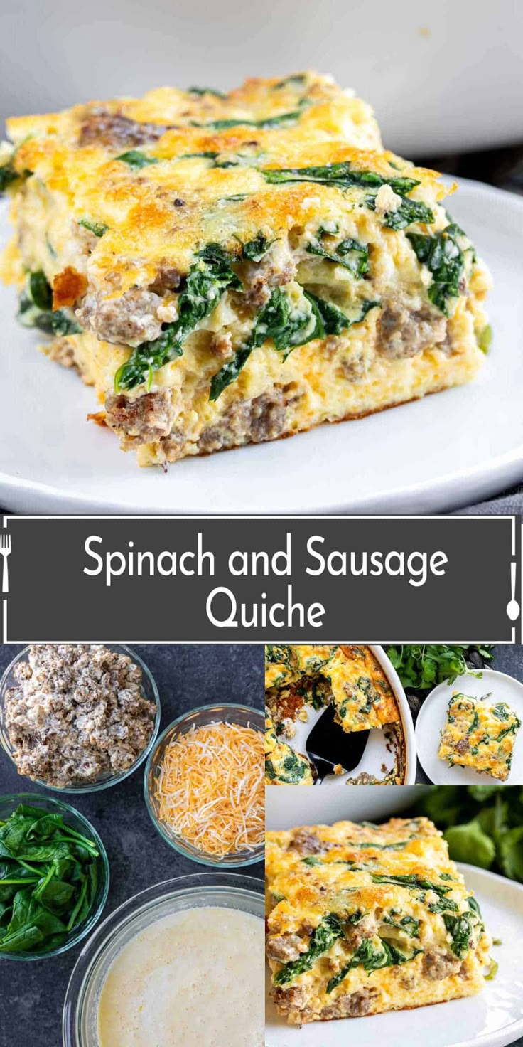 spinach and sausage quiche on a white plate