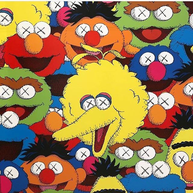 an image of the sesame street gang with many different colored characters on it's face