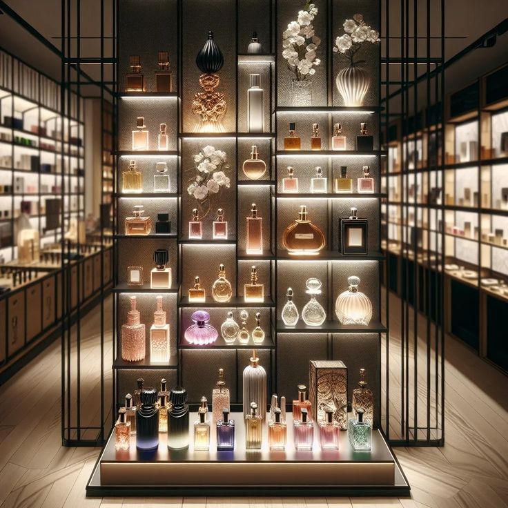 a display case filled with lots of different types of perfumes and bottles on shelves