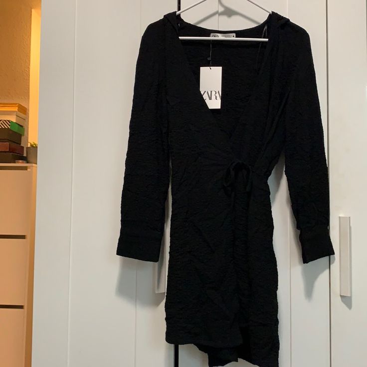 Zara Black Hoodie Wrap Around Dress (Brand New) Black Mini Dress For Winter Day Out, Zara Long Sleeve Mini Dress For Winter, Casual V-neck Outerwear For Night Out, Black V-neck Outerwear For Day Out, Fitted Black Outerwear For Day Out, Zara Casual Long Sleeve Mini Dress, Casual Winter Outerwear For Date Night, Fitted Casual Outerwear For Date Night, Casual Fall Outerwear For Date Night