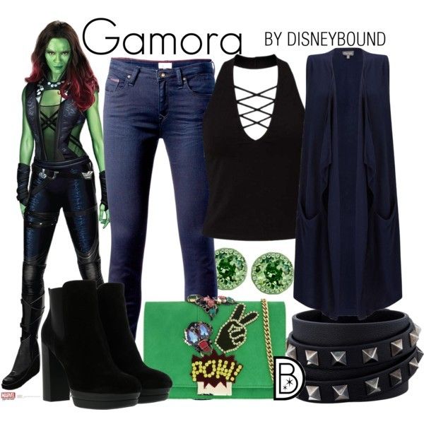 Disneybound  Marvel or Characters who wear/are green  Ideas: blue pleather pants, black rain boots, black converse jacket... Everyday Costumes Outfits, Gamora Guardians, Jeans Earrings, Marvel Inspired Outfits, Movie Clothes, Disney Character Outfits, Disney Bound Outfits Casual, Marvel Fashion, Disney Gear