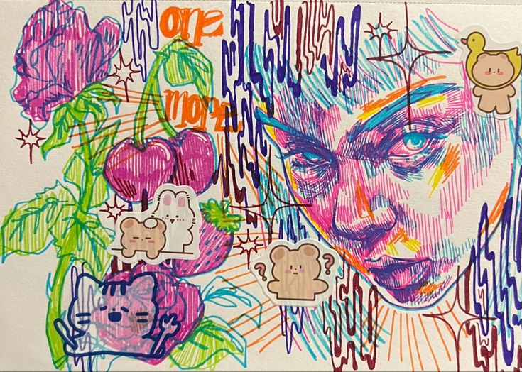 a drawing of a woman's face surrounded by flowers and other things that are drawn on paper