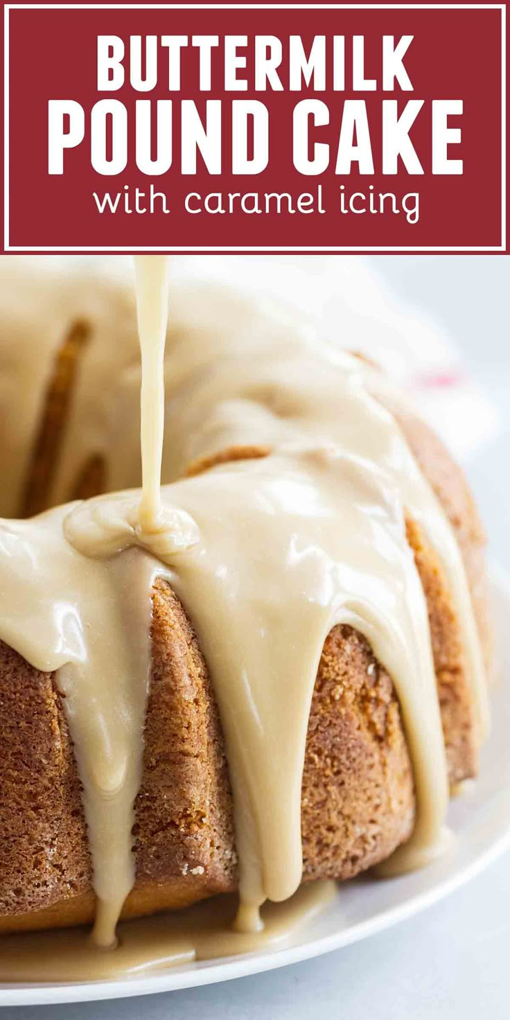 a bundt cake with caramel icing being drizzled over it