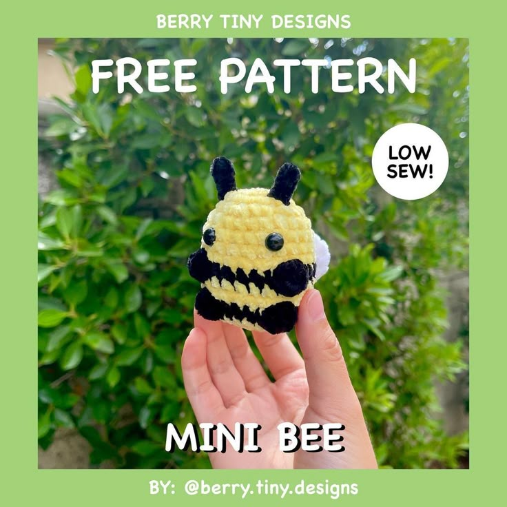 a hand holding up a tiny crocheted bee with the words free pattern below it