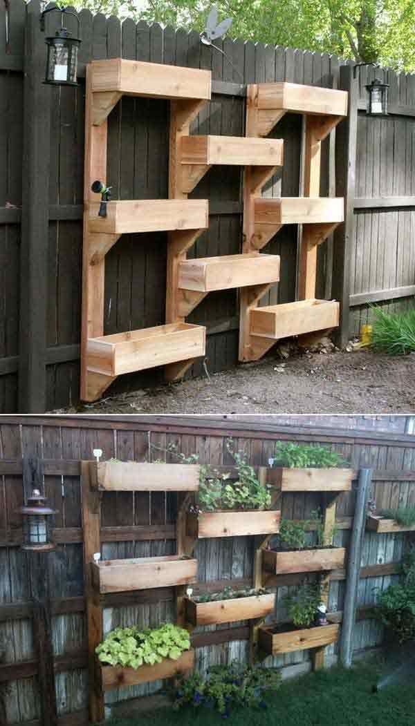 an outdoor garden with wooden shelves and plants growing in the planter boxes on each side