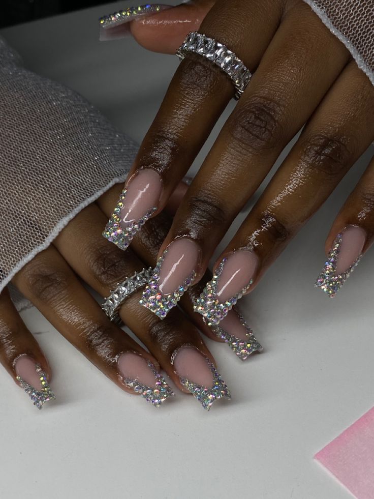 French Tip Nails With Diamonds Bling, French Manicure With Rhinestones Bling, Pixie Crystal French Tip Nails, French Tip Bedazzled Nails, Nail Inspo Jewels, French Tip Bling Nails Rhinestones, Rhine Stone French Tip Nails, Bling Tip Nails, Nail Gems Placement