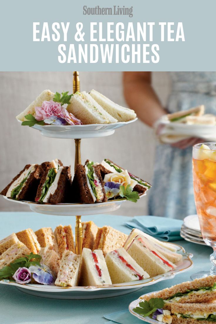 three tiered plates with sandwiches and drinks on them