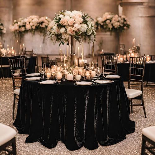 a black table topped with white flowers and candles