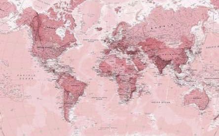 a large pink world map with all the countries and major cities on it's sides