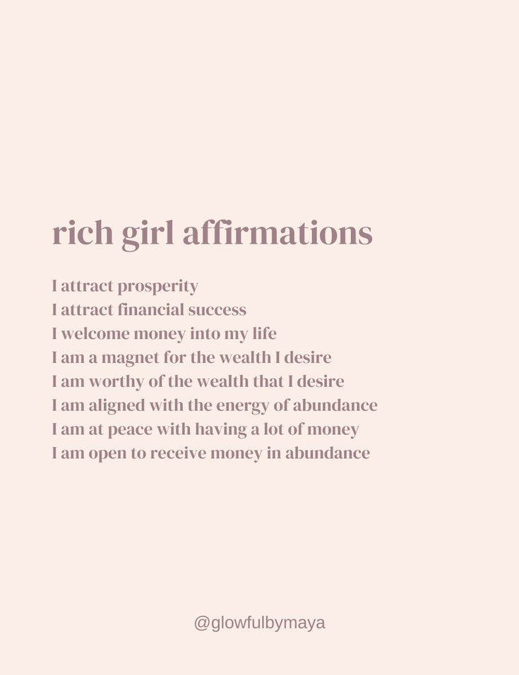 the words rich girl affirmations are written in white on a light pink background